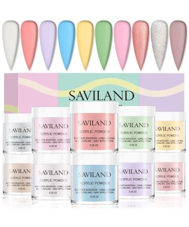 Saviland Acrylic Powder Set - 10 Colors Acrylic Nail Powder Nail Kit Shine Yellow Pink Professional Polymer for Acrylic Nails Extension No Nail Lamp Needed Spring Sunshine