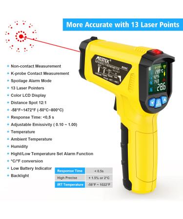Buy Mestek Infrared Thermometer -50 C to 800 C | Laser IR Pyrometer with K-Probe & LCD Alarm for Kitchen Use - Buy Online on SooperMarket.com