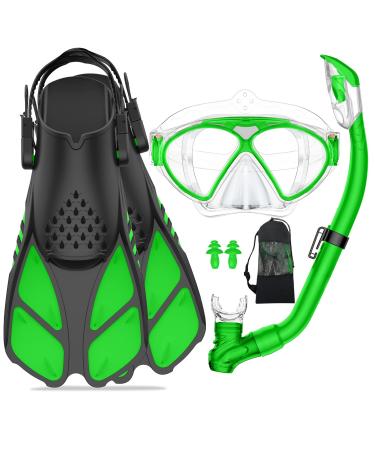WANFEI Kids Mask Fin Snorkel Set for Children Boys Girls Dry Top Snorkel Diving Flippers Snorkeling Gear Panoramic View Diving Mask with Gear Bag for Snorkeling Swimming Scuba Diving Training Green
