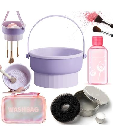 QUKLOGEN 3 in 1 Makeup Brush Cleaning Set Multifunctional Washing Bowl Drying Basket with Handle Silicone Cleaner Mat Removal Cleaner Sponge 150ml/5.12fl.oz Professional Makeup Brush Cleaner Purple