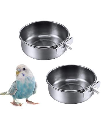 kathson 2 Pack Bird Feeding Cups with Clamp Holder, Parrot Food & Water Cage Hanging Bowl Stainless Steel Coop Cup Dish Feeder for Parakeet Cockatiels Conure Budgies Lovebird Finch