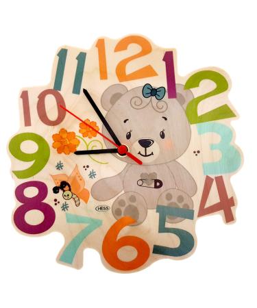 Hess wooden toy 30012 - Wood clock for children B r Nature series with quartzrugwerk handmade diameter approx. 24 cm colorful time pointer for the children's room