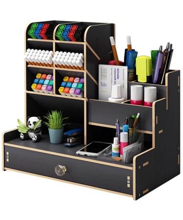 Marbrasse Upgraded Wooden Pencil Holder, Pen Organizer for Desk , Easy Assembly, Art Supply Organizer, Desktop Stationary Organizer Caddy (B17-Black)