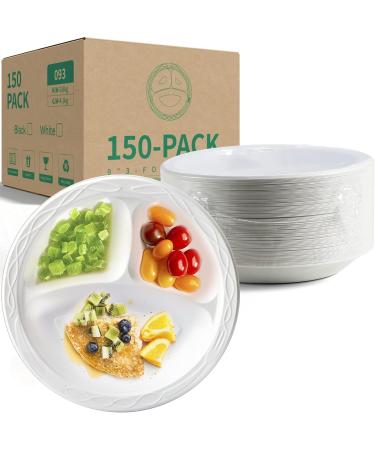 YANGRUI White Plastic Plates 9 Inch 3 Compartments 150 Pack - BPA Free, Food Grade Material, Reusable Dinner Plates - Buy Online on SooperMarket.com