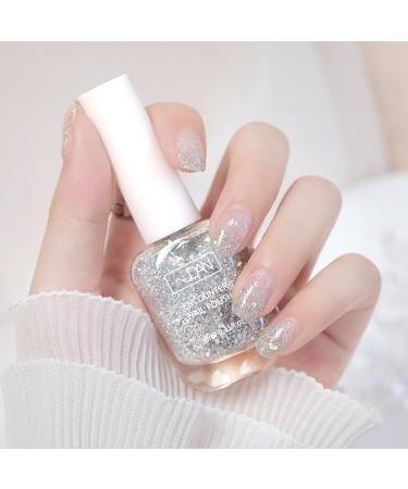 Glitter Silver Nail Polish Quick Dry Long Lasting Shimmer Nail Varnish Natural Peel off Water Based Formula No UV Needed Nail Paint Art Manicure Gifts for Women Girls DIY Home(10ml)