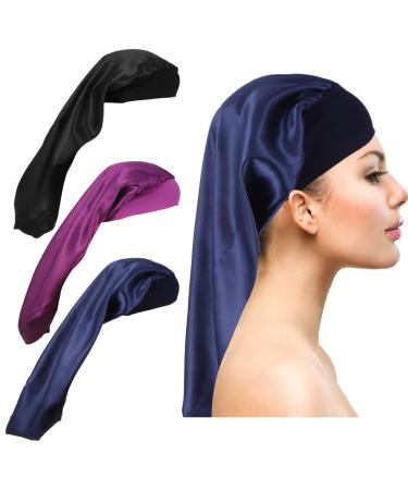 Firtink 3 Pcs Long Satin Bonnet Sleep Cap Long Silky Sleep Bonnet Extra Large Silk Bonnet for Natural Hair Bonnets for Women Night Sleep Wide Elastic Band (Black+Navy+Purple)