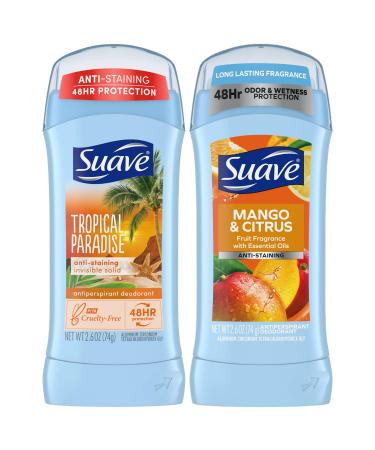 Suave Deodorant Antiperspirant for Women Variety Pack Tropical Paradise + Mango & Citrus Invisible Solid 48H Protection Anti-Staining 2.6 Oz Ea (2 Piece Set)