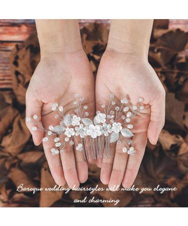 Handsess Bridal Wedding Flowers Hair Comb Silver Rhinestone Hairpieces Leaf Bridal Side Combs Pearl Wedding Hair Accessories for Women and Girls - Buy Online on SooperMarket.com