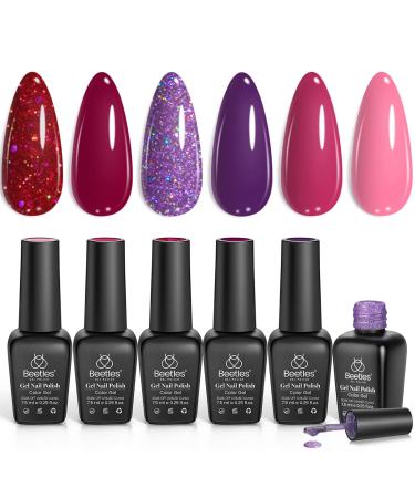 Beetles Gel Nail Polish 6 Colors Peach Pink Purple Burgundy Red Glitter Gel Polish Ruby Sonatas Collection Soak Off Uv Lamp Cured Nail Art Design Nails for Women DIY Manicure B-6 Colors Ruby Sonatas