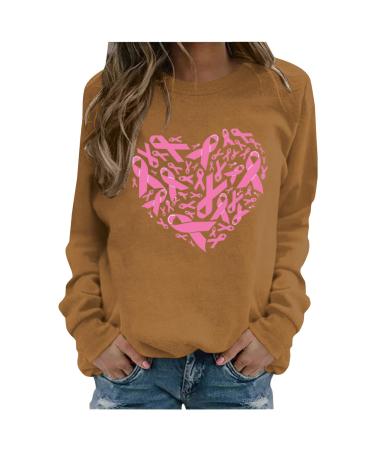 Yihaojia Breast Cancer Awareness Sweatshirts for Women Round Neck Long Sleeve Pullover Top Pink Ribbon Print Fall Blouse Khaki#55 XX-Large