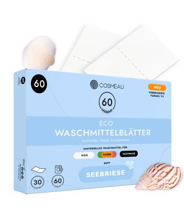 Cosmeau detergent leaves sea bries - up to 60 washes (30 leaves) - sustainable detergent for white color and black - plastic -free degradable & perfect travel detergent sea bries 1 piece (60 Pack)
