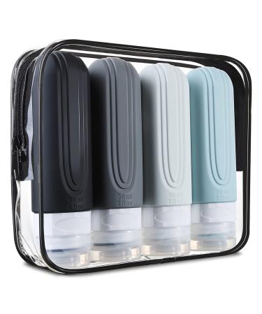 Mrsdry Travel Bottles for Toiletries, Tsa Approved 3oz Travel Size Containers BPA Free Leak Proof Refillable Liquid Silicone Squeezable Travel Accessories for Shampoo Conditioner Lotion (4 Pack) Grey