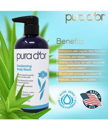 PURA D'OR Awakening Body Wash - 16oz/473ml, Aloe Vera, Chamomile, Lavender, Tea Tree, pH Balanced for Soft & Fresh Skin - All Skin Types, Men-Women - Buy Online on SooperMarket.com