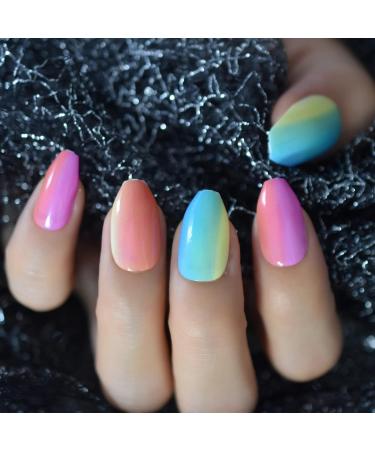 Buy Shiny Colorful Press On Nails | Ombr Rainbow Fake Nails Set - 24pcs Medium Size - Buy Online on SooperMarket.com