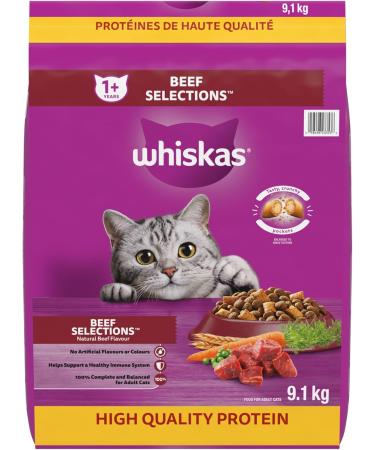 WHISKAS Adult Dry Cat Food - Beef Selections Flavour 9.1kg Bag & Perfect Portions Adult Wet Cat Food - Chicken Beef Whitefish and Tuna Salmon 75g Trays (24 Pack) - Buy Online on SooperMarket.com