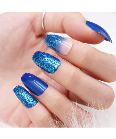 Luvadeyo 24 PCs Blue Gradient Coffin Press on Nails | Glitter Artificial False Nails for Women & Girls | Double-Sided Adhesive Tabs Included - Buy Online on SooperMarket.com