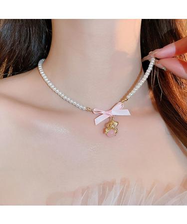 Oralgos Elegant Pearl Necklace with Bow | Adjustable Collarbone Chain for Weddings & Special Occasions - Silver - Buy Online on SooperMarket.com