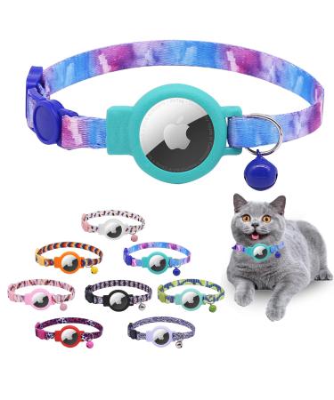 Mouyou Airtag cat neck band Airtag collar cat with bell safety clasp soft nylon cat neck band with silicone Airtag holder cover adjustable from 22-34cm blue gradient pattern C2