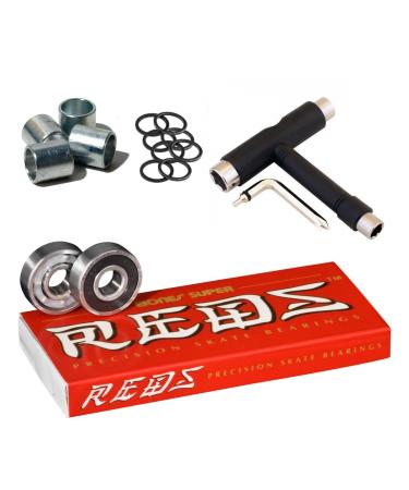 Bones Super Reds Bearings, 8 Pack Set with Spacers, Speed Rings, and T-Tool