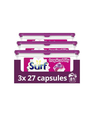 Surf Tropical Lily 3 in 1 Capsules Washing Capsules even more fragrance* for brilliantly clean laundry every time 3x 27 capsules (81 washes) Tropical Lily 27w
