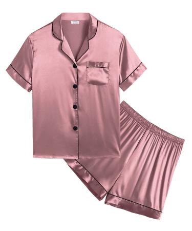 SWOMOG Kids Silk Pyjamas Girls Boys Short Sleeve Satin PJs Sets Button-Down Silky Nightwear Children Sleepwear Teens Age 4-16 14-15 Years Misty rose