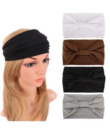 MapofBeauty 9 Inch/24 cm Thick Wide Headbands Cotton Knotted Elastic Hair Band Head Wrap Non slip Fashion Yoga Sports Accessories (Black/White/Grey/Brown)