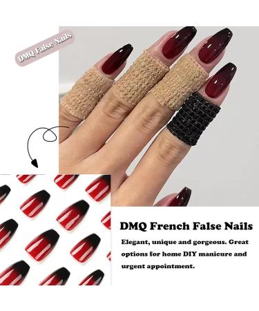 DMQ Coffin False Nails Long 24Pcs Red Black Gradient Fake Nails Ballet Press on Nail French Gradient Stick on Nails Acrylic Nail Tips with Glue for Women Girls Nails Art Black Red Gradient Coffin - Buy Online on SooperMarket.com