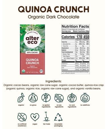 Alter Eco Dark Chocolate Bars - Pure Dark Cocoa | Fair Trade Organic | Non-GMO & Gluten-Free | 2-Pack Dark Quinoa Crunch - Buy Online on SooperMarket.com