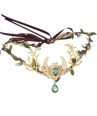 MOSTORY Handmade Emerald Crystal Elven Circlet Golden Fairy Moon Crown Headpiece Woodland Branch Headband for Women Womens Wedding Party Festival Costume Hair Accessory Gold Green