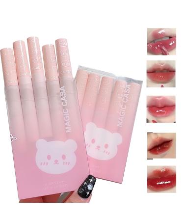 5pcs Mirror Water Lip Gloss Glass Lipstick Set Cute Bear Lip Glaze Jelly Lipstick Moisturizing Long Lasting Liquid Lipstick in Korean Style Hydrating Lip Stain Gift Sets Multicolor