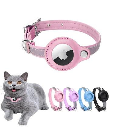 Airtag cat neck band leather Airtag collar cat reflectively adjustable GPS cat neck band Airtag case for tracking cat anti-lost airtail cat for large/medium-sized/small cat (s rosa small (24-31) pink pink