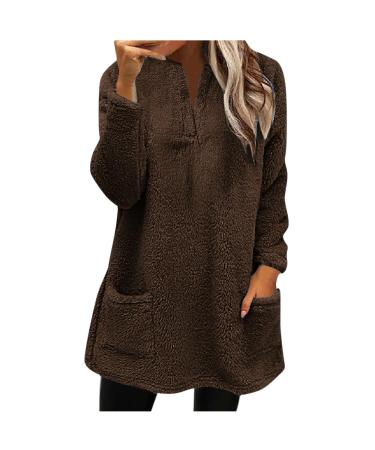 AMhomely Ladies Womens Soft Teddy Fleece Hooded Jumper Plus Size Double Fleece Casual Hoodies With Pocket V Neck Soft Fleece Hooded Sweatshirts Plain Pullover Tops Winter Lightweight Lounge Tops 02 Coffee S