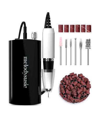 MelodySusie Professional Nail Drill - 30000 rpm Rechargeable Portable Nail Drills with 6 Bits and 106 Sanding Bands, Cordless Electric Nail File Machine for Acrylic Gel Nails Shape Carve Polish, Black