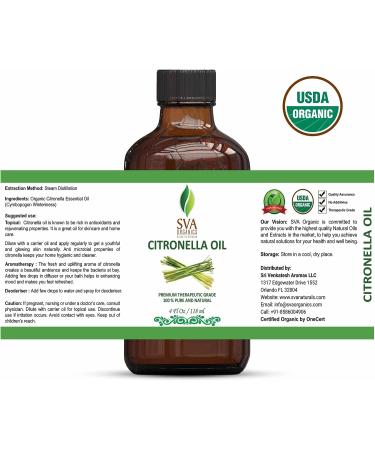 SVA Organics Citronella Essential Oil USDA Organic 4 Oz - Pure & Natural Therapeutic Grade Oil for Skin, Body, Diffuser & Candle Making - Buy Online on SooperMarket.com