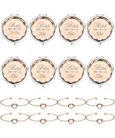 Pack of 8 Compact Pocket Makeup Mirrors Set Include 1 Bride to Be Mirror 7 Bride Tribe Mirrors and 8 Pack Bridesmaid Love Knot Bracelets for Bachelorette Party Bridesmaid Proposal Gifts(Champagne)