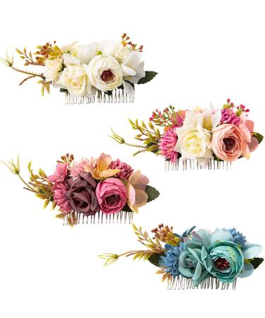 Cinaci 4 Pack Artificial Flower Metal Hair Side Combs Slides Clips Floral Wedding Bridal Headpieces Hairpins Barrettes Bun Chignon Hair Accessories for Women Flower Girls Brides Bridesmaids