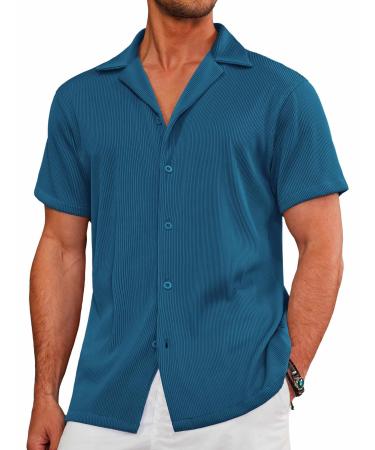 COOFANDY Men's Casual Button Down Shirts Short Sleeve Regular Fit Fashion Camp Beach Shirts Tops Lake Blue X-Large