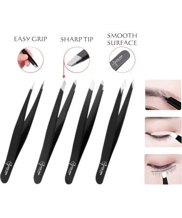 S.A.Q. JILLANI Eyebrow Precision Tweezers Set - Professional Stainless Steel - For Men and Women - Facial & Ingrown Hair Removal - 4 Pieces with Case (Black) - Buy Online on SooperMarket.com