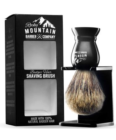 Shaving Brush with Stand - Rocky Mountain Barber Pure 100% Best Badger Hair Barber Grade with Black Heavy Duty All-Resin Handle and Oversized Bristle Head For Better Shaving Cream Lather