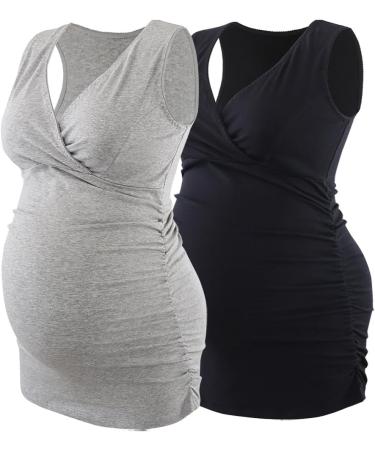 ZUMIY Maternity Nursing Top - Women's V Neck Ruched Waist Double Layered Tank - S Black+Grey/2-Pack - Buy Online on SooperMarket.com