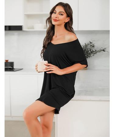 Aseniza Women's Nightdress Nightshirt Loungewear V Neck Casual Oversized Sleepwear - Black XXL - Buy Online on SooperMarket.com