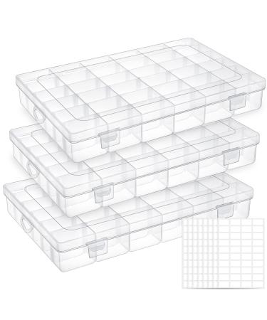 UOONY 3 Pack 36 Grids Plastic Organizer Box Craft Storage with Adjustable Dividers, Bead Organizer Container for Earrings Fishing Tackles Crafts Jewelry Thread with 400pcs Label Stickers