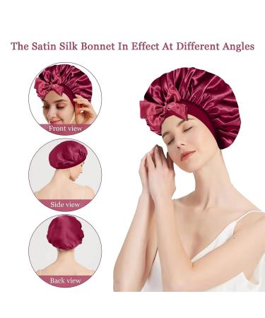 2 PCS Silk Bonnets for Black Women - Reversible Satin Hair Wrap Cap for Sleeping & Showering | Adjustable Satin Night Cap for Long Curly Hair - Black & Wine Red - Buy Online on SooperMarket.com