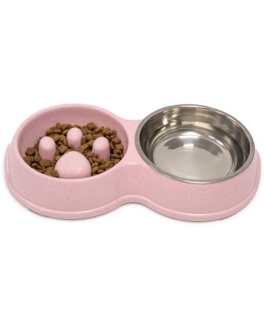 Fur & Bone Double Slow Feeder Dog Bowl | Raised Dog Bowl with Non-Slip Bottom | Cat Food Bowl Dog Bowls | Dog Water Bowl Cat Bowls Stainless Steel Bowl | Detachable Raised Cat Bowl (Pink)