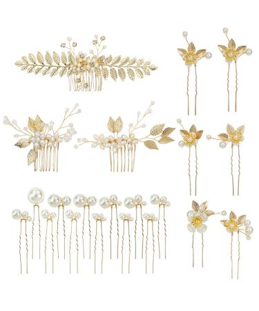 inSowni 21 Pack Gold Leaf Flower Bridal Wedding Hair Side Combs+U-shaped Pearls Hair Pins Hair Pieces Headpieces Accessories for Brides Bridesmaids Women Girls