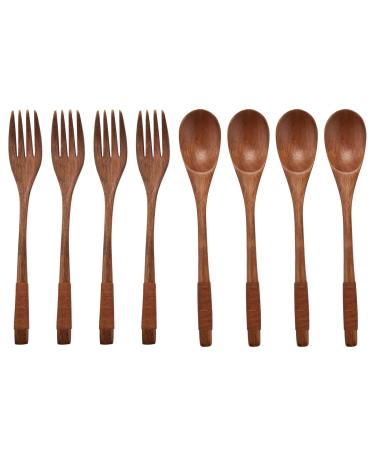 AIDIRui 8 Pcs Wooden 9 inchJapanese Spoon Fork Set Kitchen Tableware Natural Wood Cutlery Wooden Dinner Cutlery Set