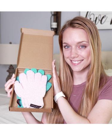 Exfoliating Glove Set - Spa Body Scrubber Mitts for Men and Women | Hanging Loop | Emerald Green + Pale Pink - Buy Online on SooperMarket.com