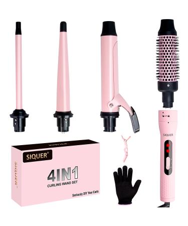 4 in 1 Curling Wand Set - SIQUER Curling Iron Set with Clamp Thermal Brush Beach Waves Wands 1/2 Inch to 1 1/2 Inch Instant Heat Up Hair Curler for Women with Box (Pink)