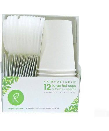 Repurpose 100% Compostable Plant Based Insulated Hot Cup, Sleeve, and Lid Set | 12 Ounce | 12 Cups