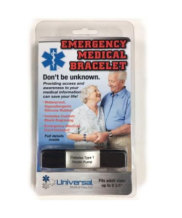 Sport Medical Alert Bracelet - Black. Pre-engraved "DIABETES TYPE 1 INSULIN PUMP". Save 30% - Close Out Pricing!